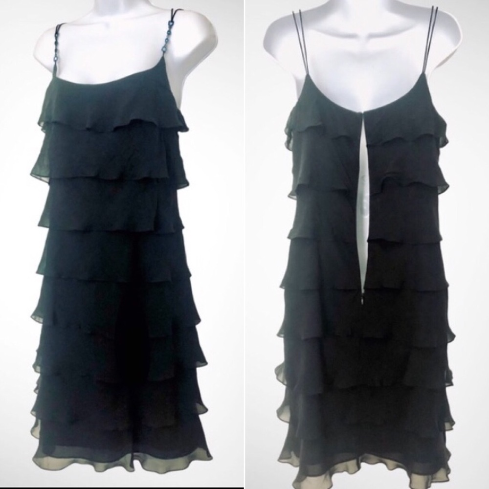 KAY UNGER BLACK SILK LBD COCKTAIL PARTY TIERED CHIFFON FLAPPER SPAGHETTI STRAP 8